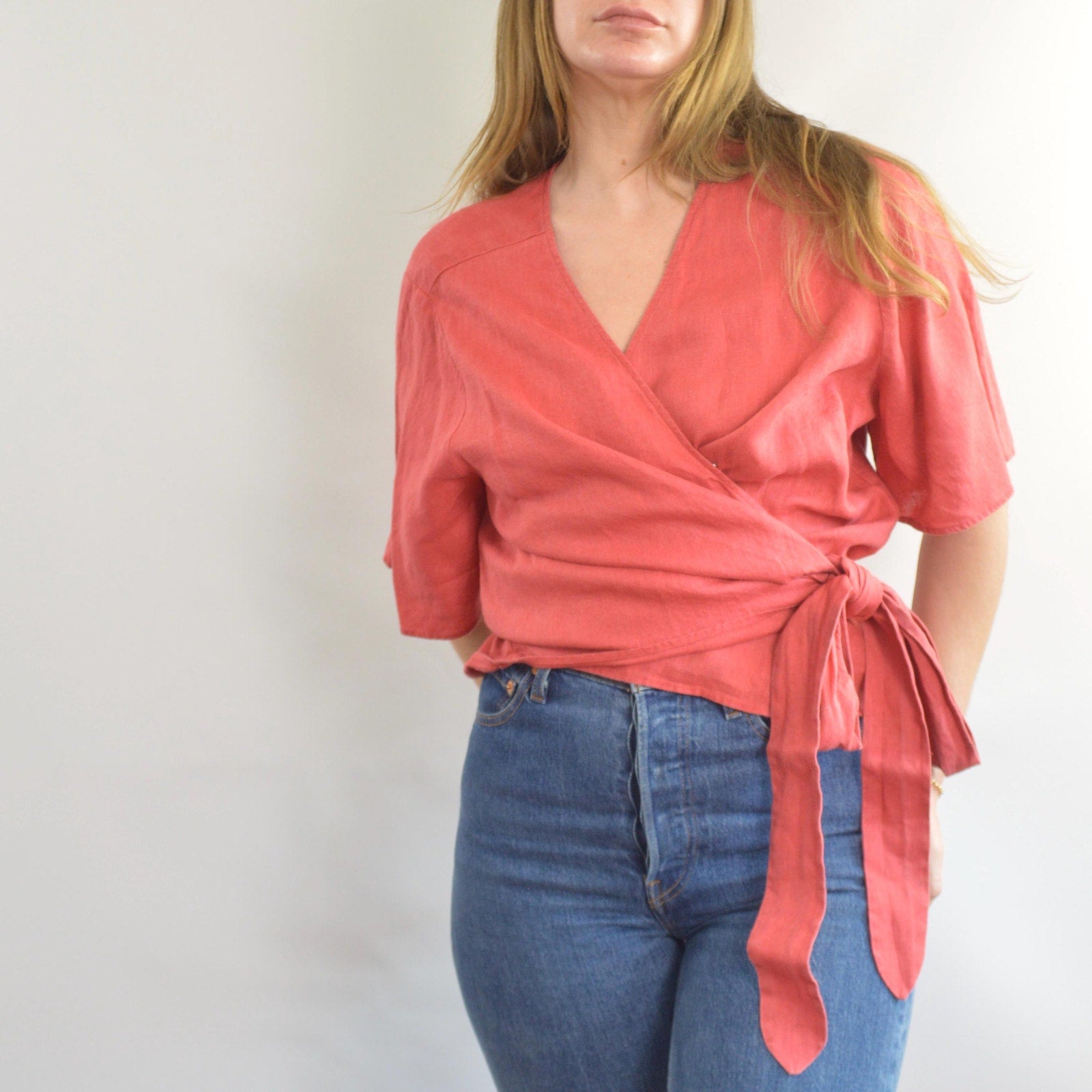 red 100% linen wrap top