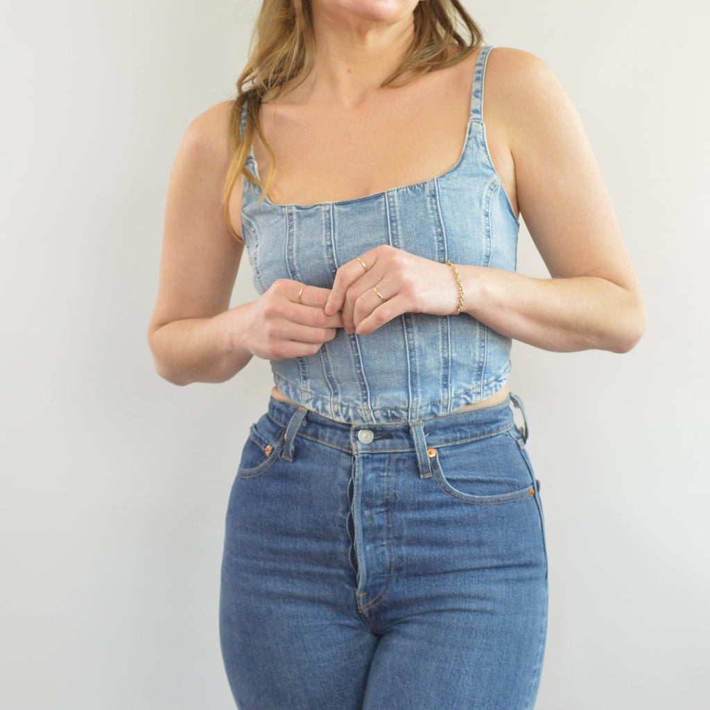 medium wash denim bustier tank with adjustable straps