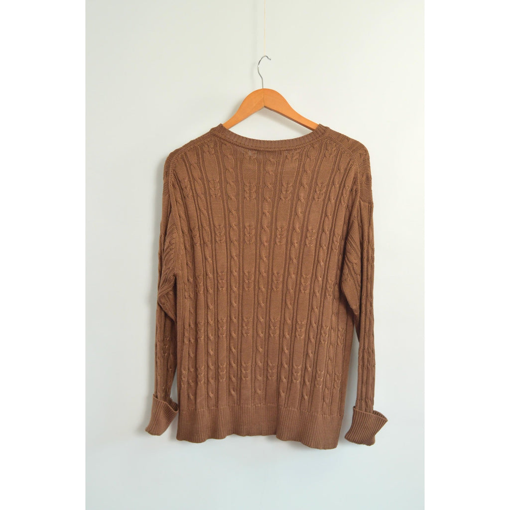 pure silk warm light brown cable knit crew neck sweater