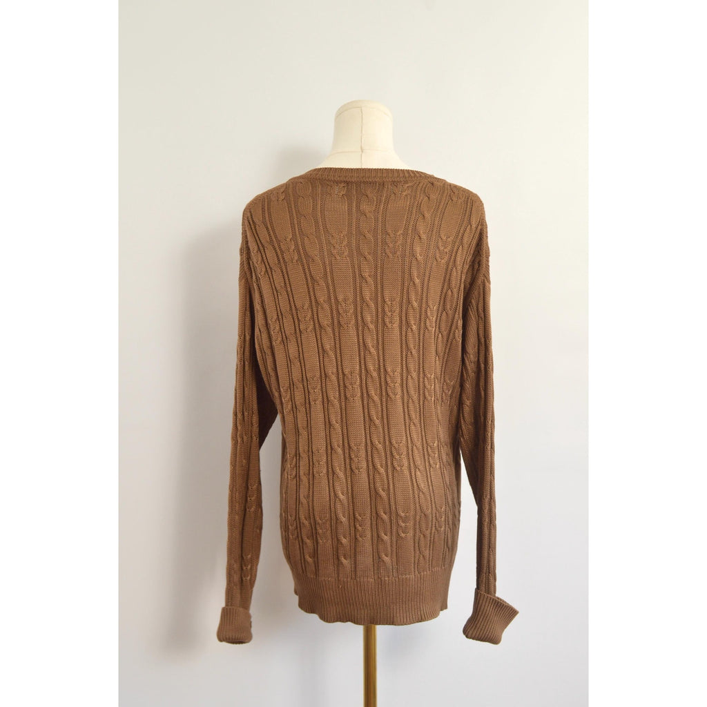 pure silk warm light brown cable knit crew neck sweater