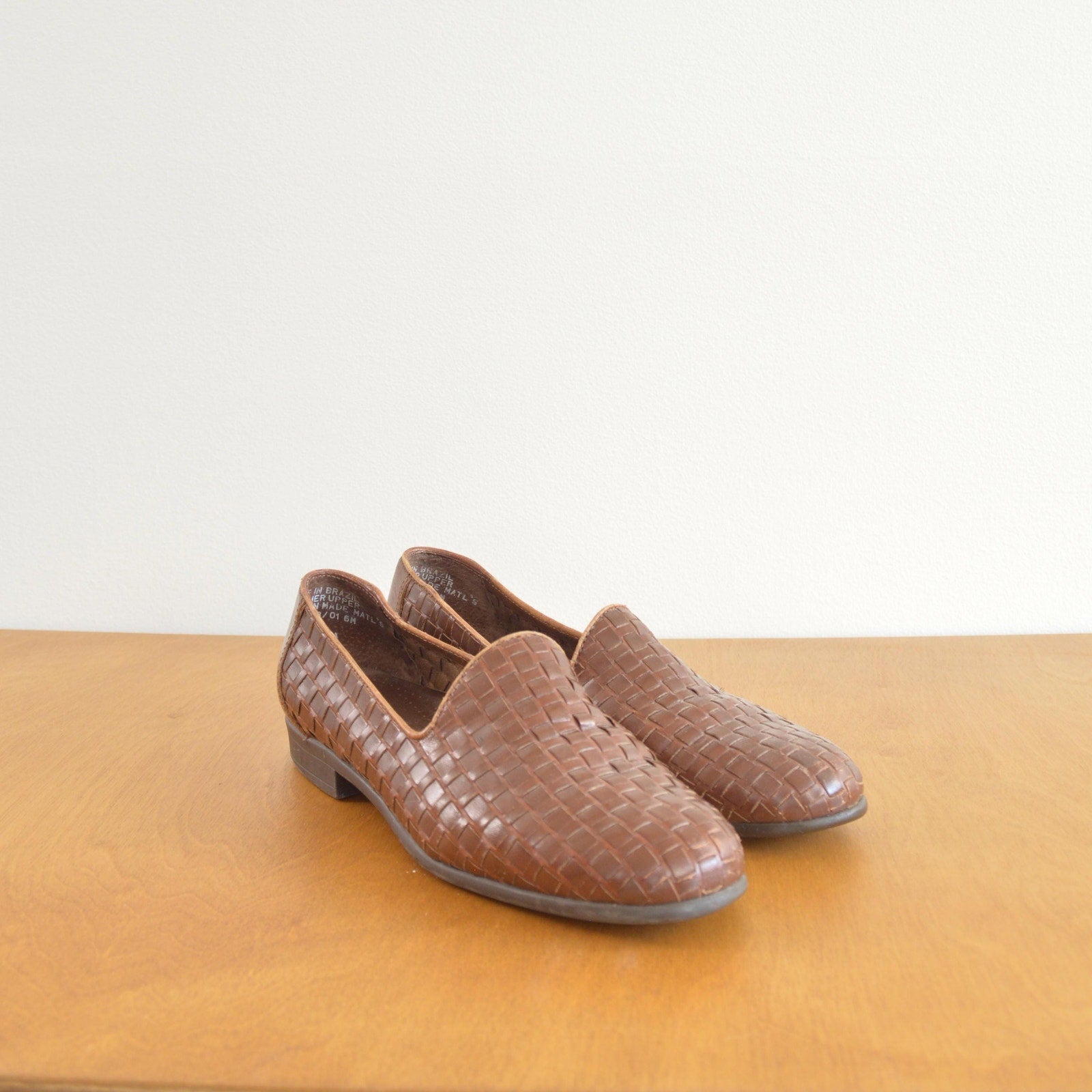 woven cognac leather loafers