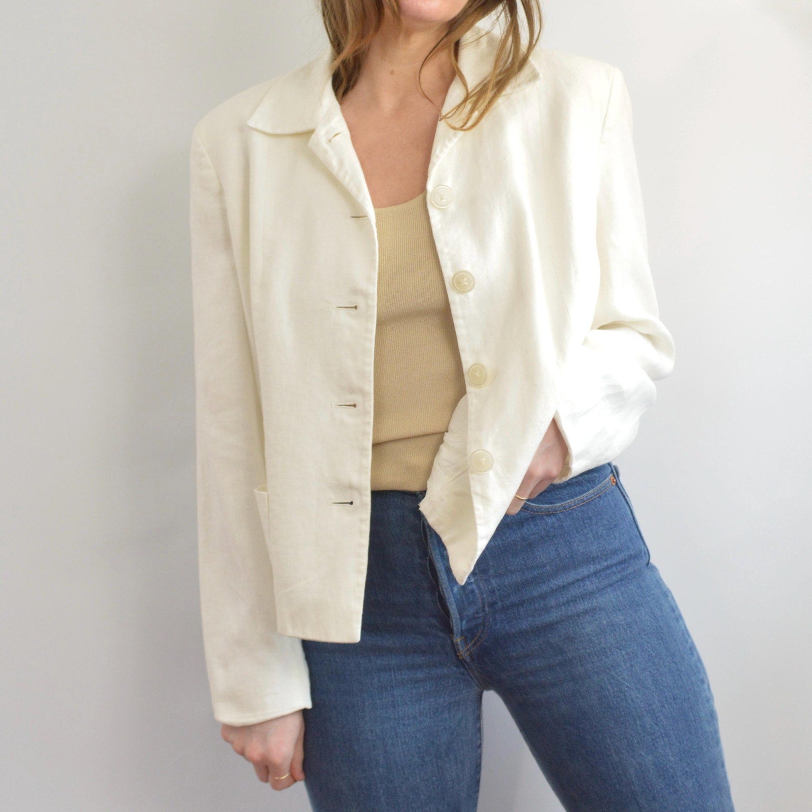 fully lined ivory cropped linen vintage chaps blazer