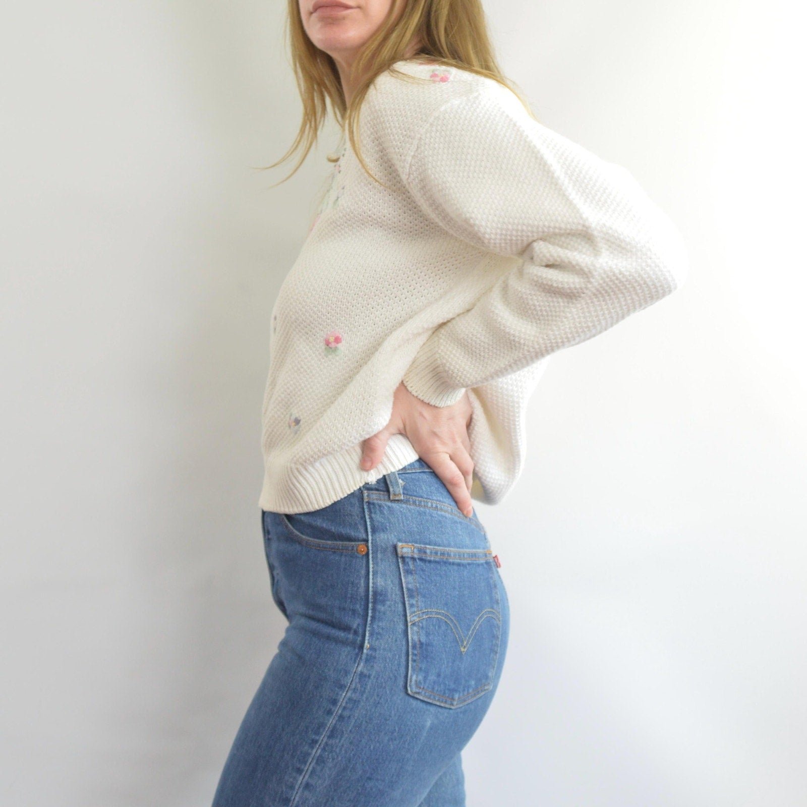 white cropped floral embroidered cotton blend sweater