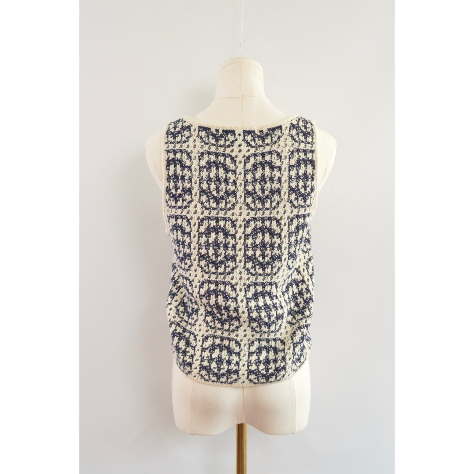 navy and cream abstract open knit cotton blend tank top sweater