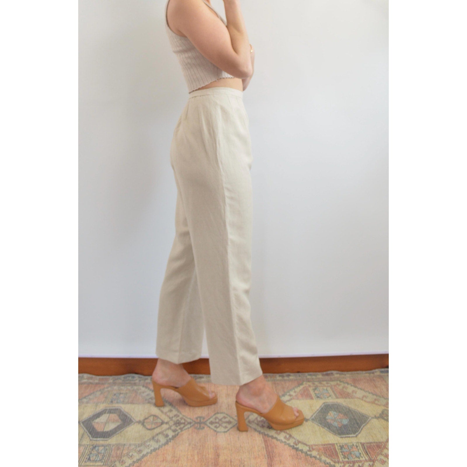 vintage covington petite fully lined high waisted beige wide leg pants