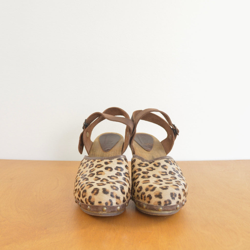 cheetah print calf hair sanita clogs