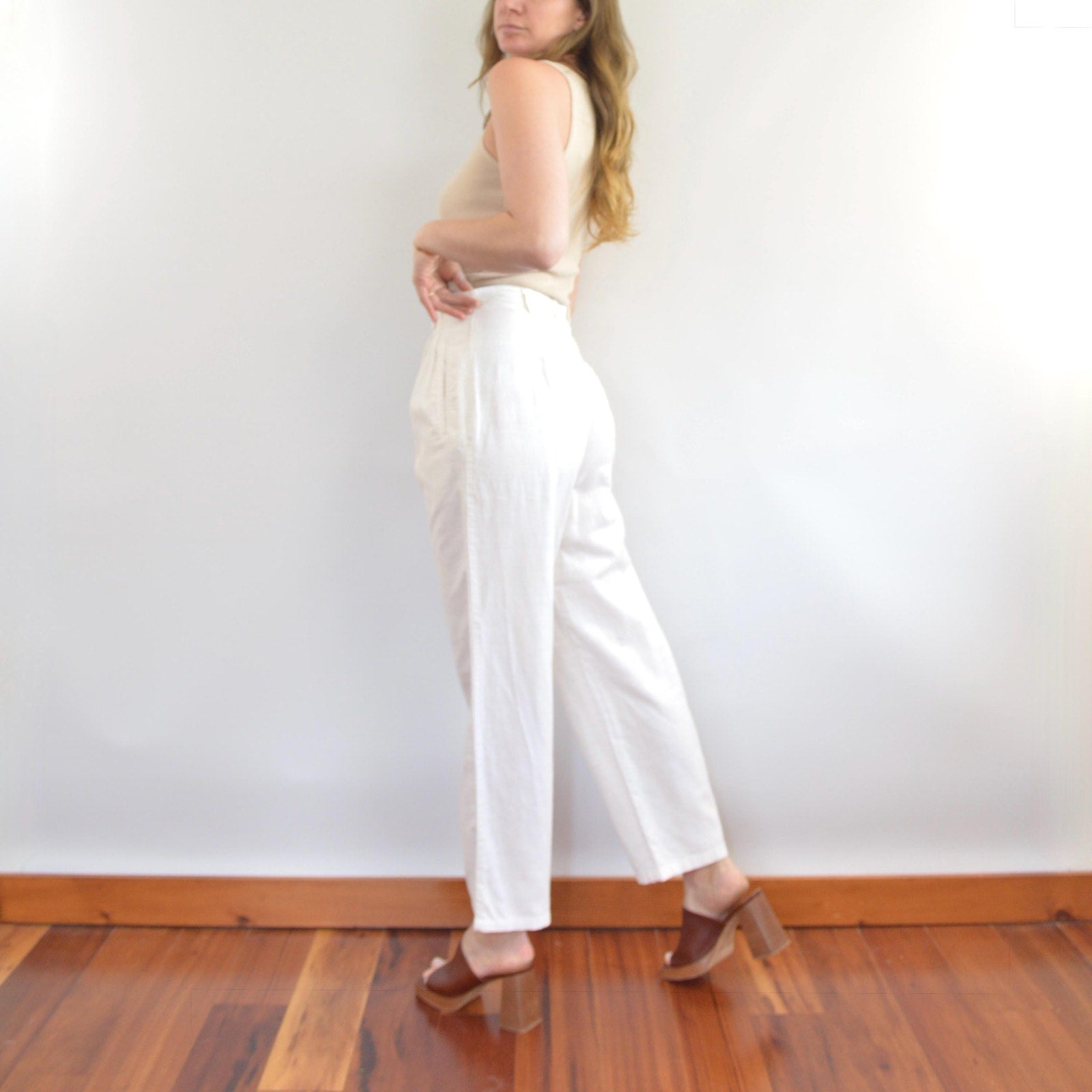 vintage white liz sport linen and cotton straight leg pants