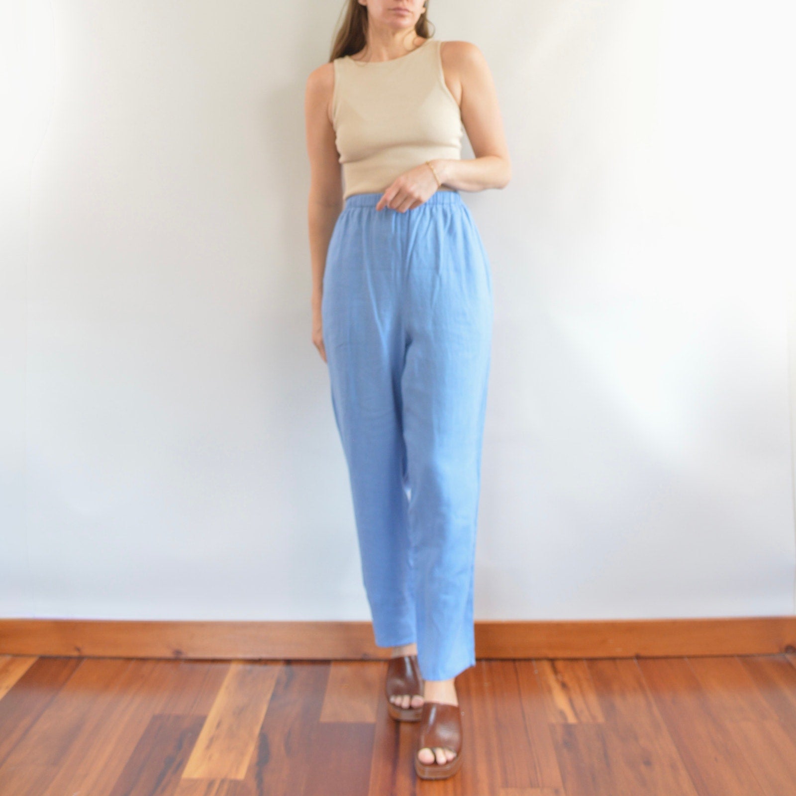 pure linen robin’s egg blue elastic tapered FLAX easy summer pants