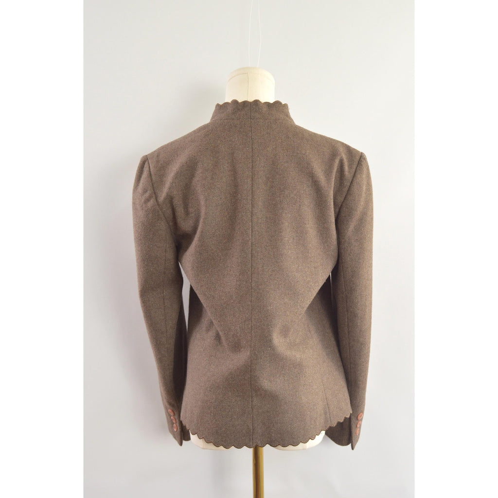 vintage taupe brown wool blend scallop edge blazer