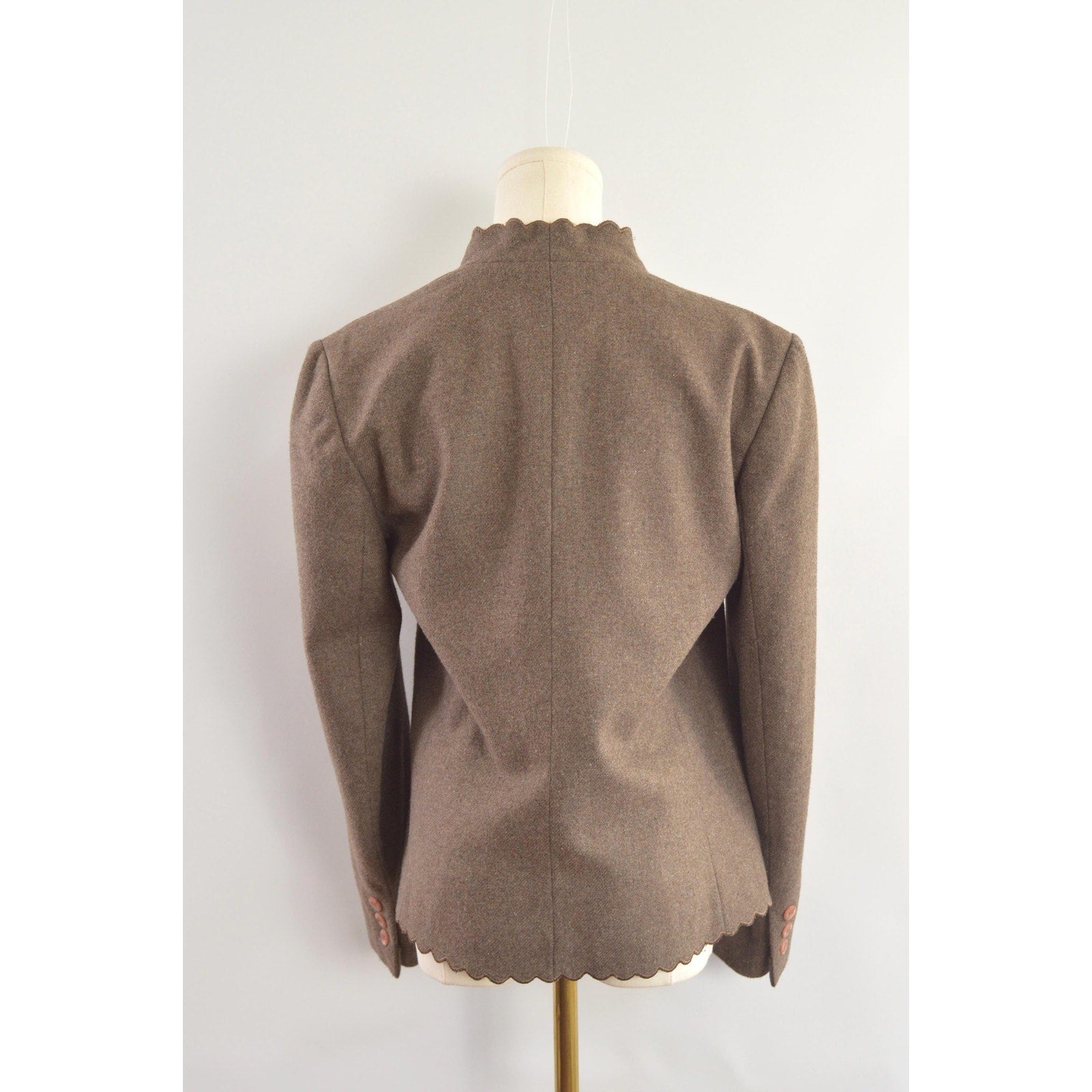 vintage taupe brown wool blend scallop edge blazer
