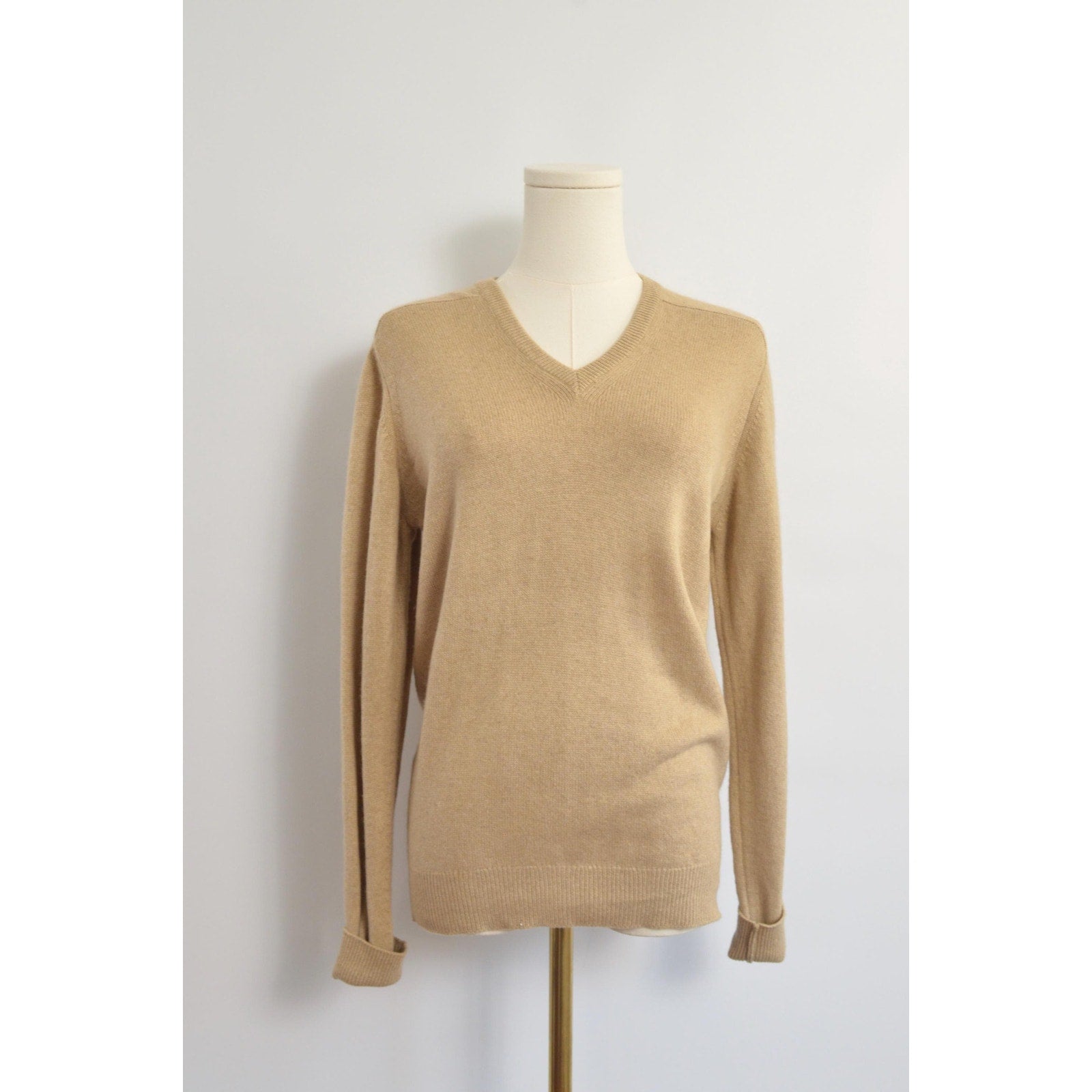 petite camel tan vintage 100% cashmere v neck sweater