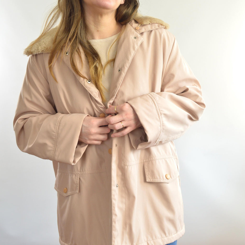 blush and tan cotton blend quilted insulated parka with removable faux fur collar