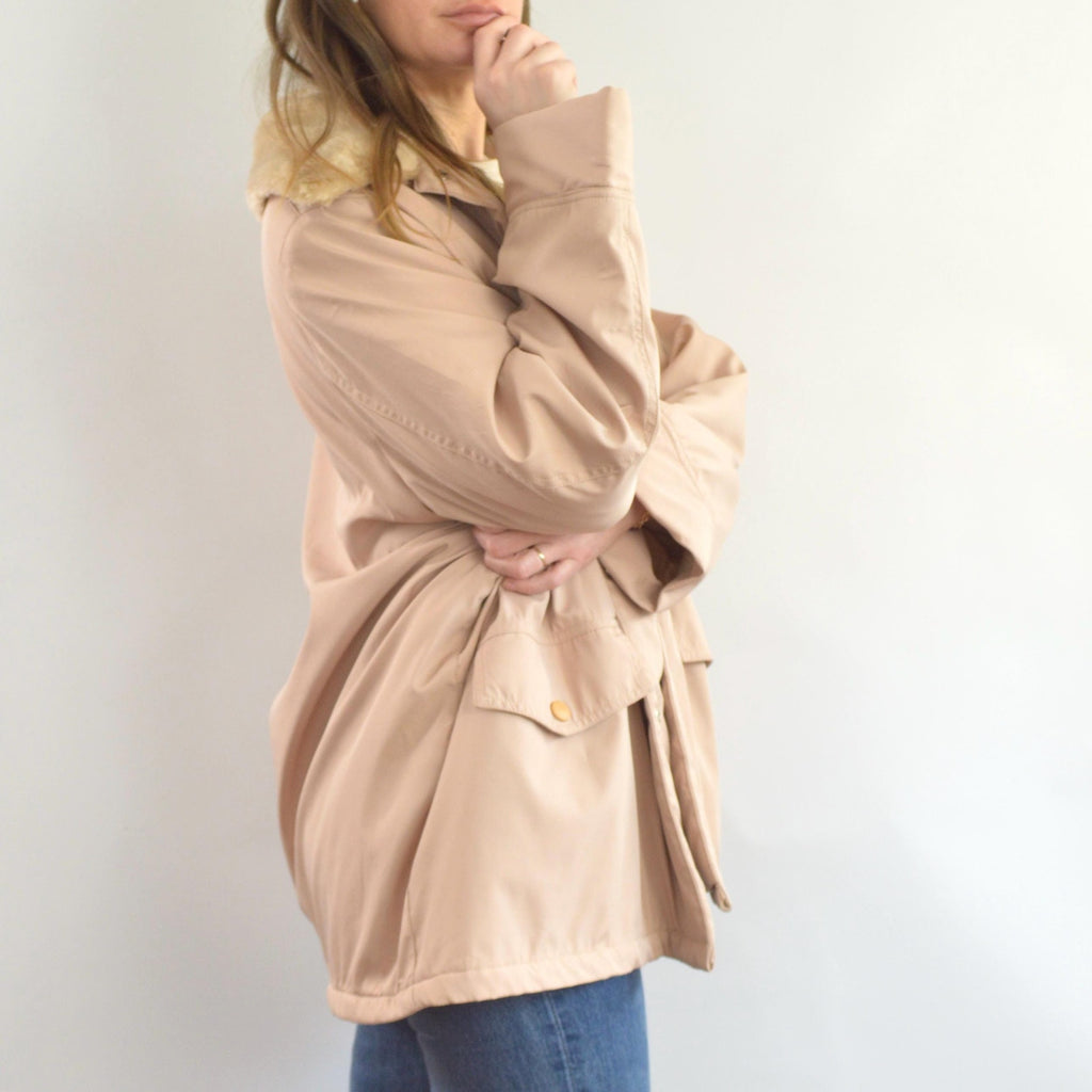 blush and tan cotton blend quilted insulated parka with removable faux fur collar