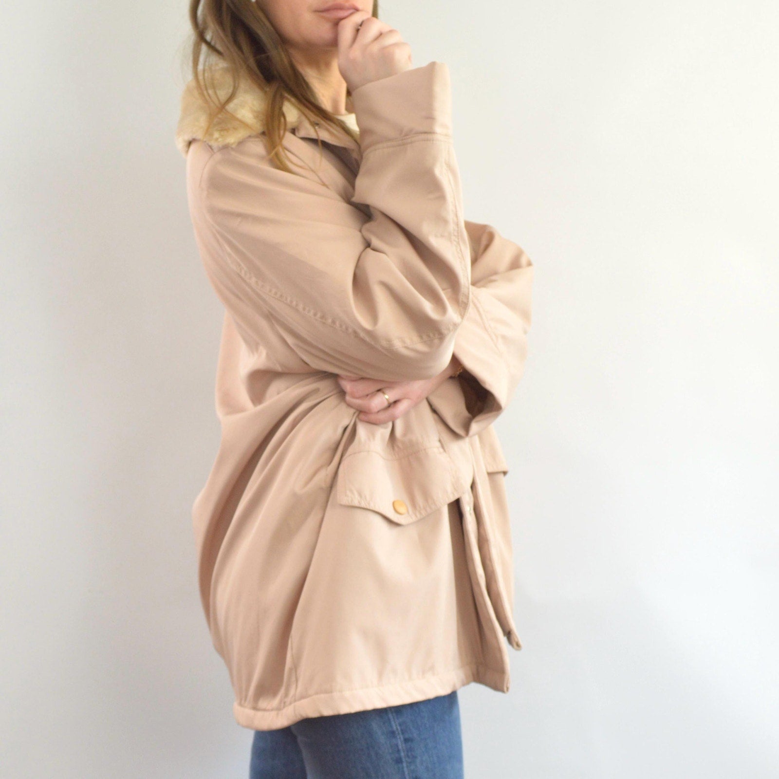 blush and tan cotton blend quilted insulated parka with removable faux fur collar
