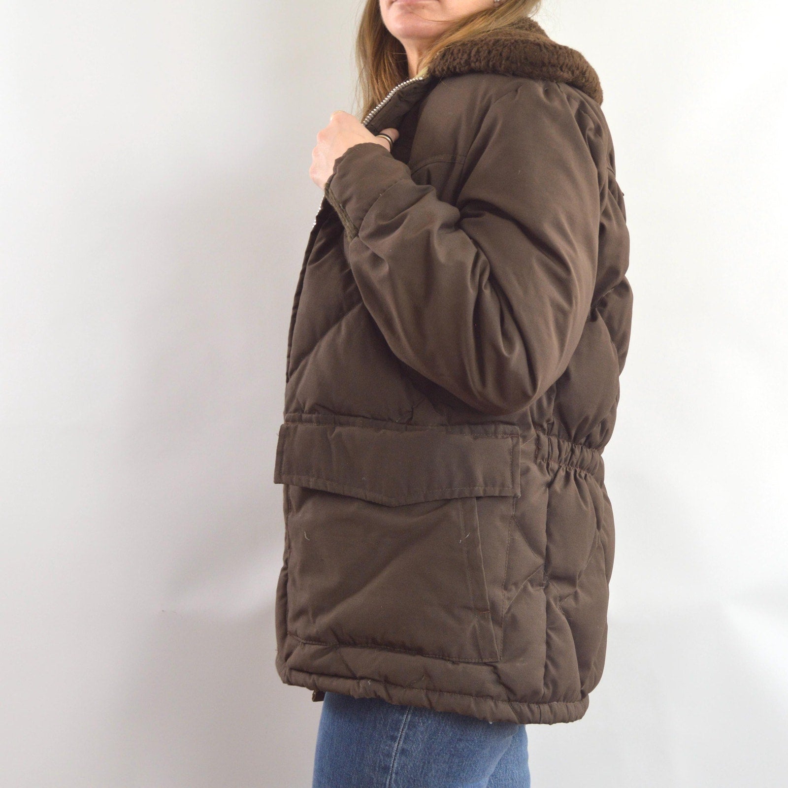 super cool park ranger meets cowboy brown puffer coat with fluffy collar