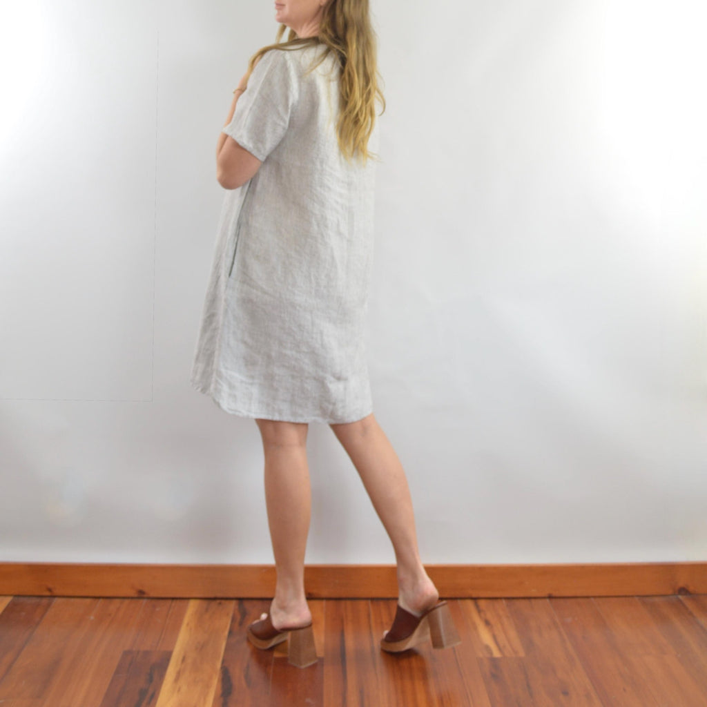 100% linen blue and white striped flax mini tee dress with pockets