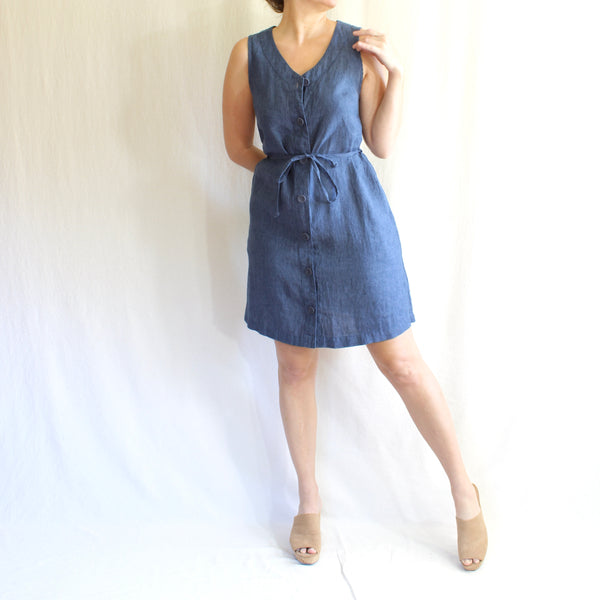 navy chambray blue button down tie back flax dress