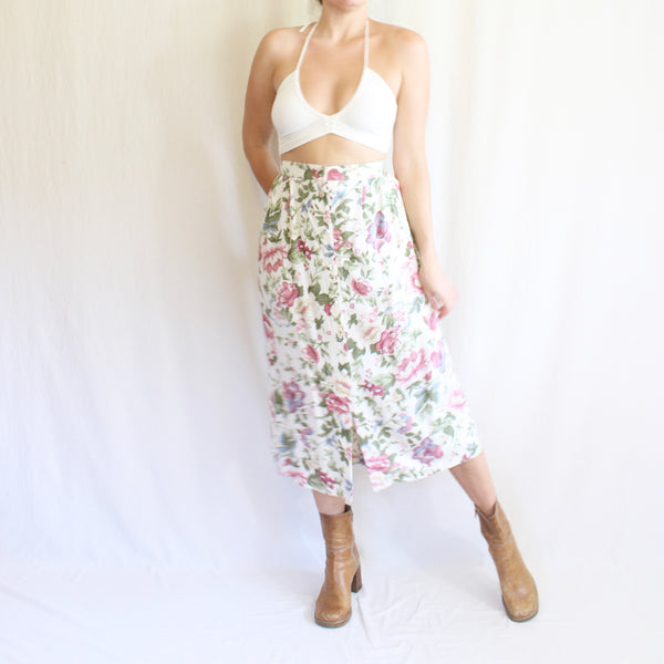 34”-31” vintage floral rayon button down midi skirt