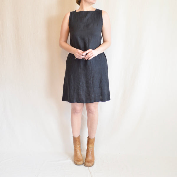 simple black linen flax wide strap mini dress
