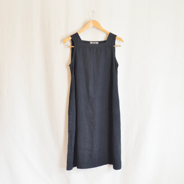 simple black linen flax wide strap mini dress