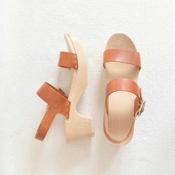 simple two strap wooden and leather clog heels