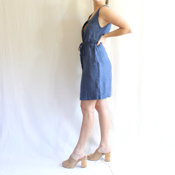 navy chambray blue button down tie back flax dress