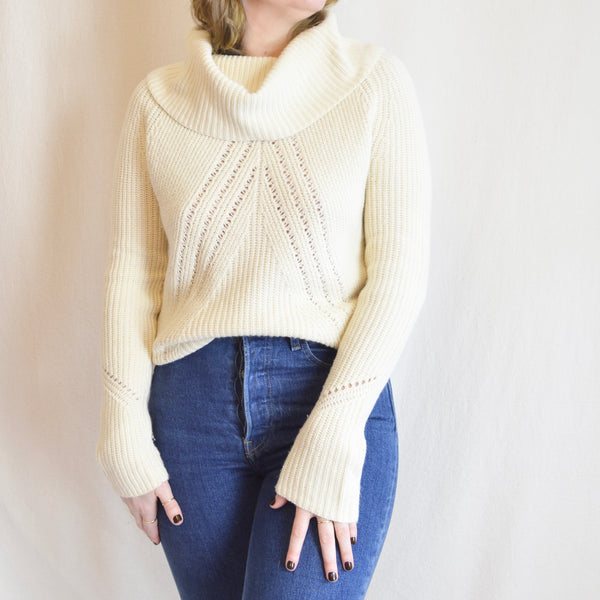 oversized cowl neck crochet ivory sweater
