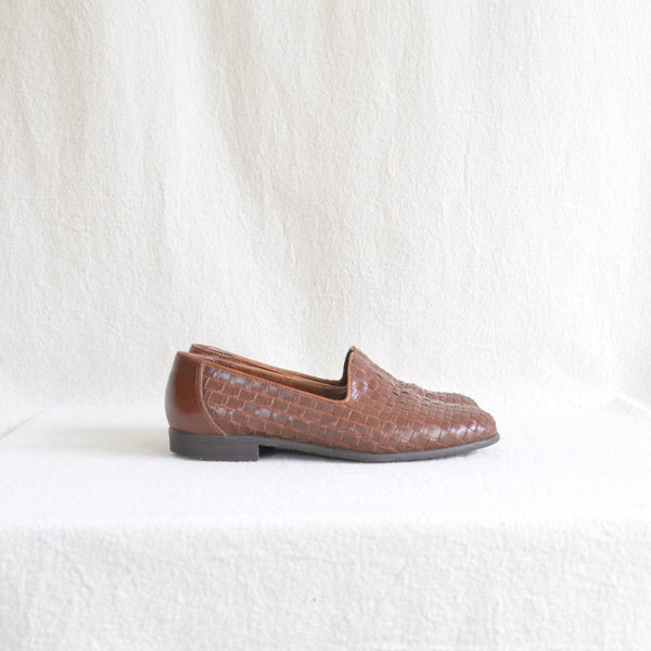 woven cognac leather loafers