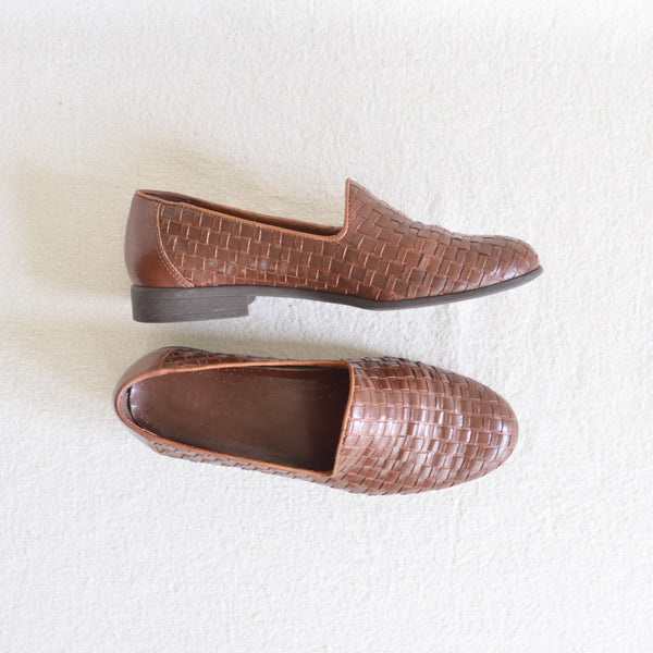 woven cognac leather loafers