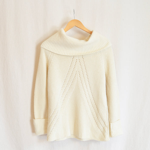 oversized cowl neck crochet ivory sweater
