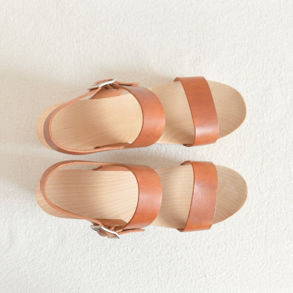 simple two strap wooden and leather clog heels