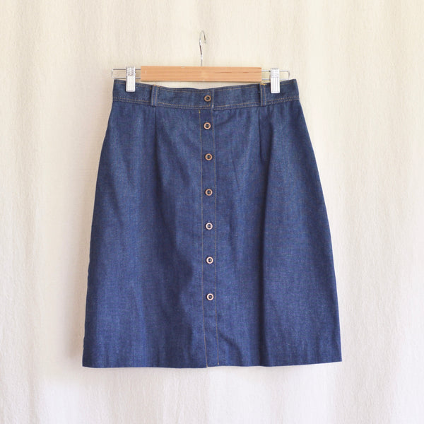 28" dark wash button down knee length denim skirt